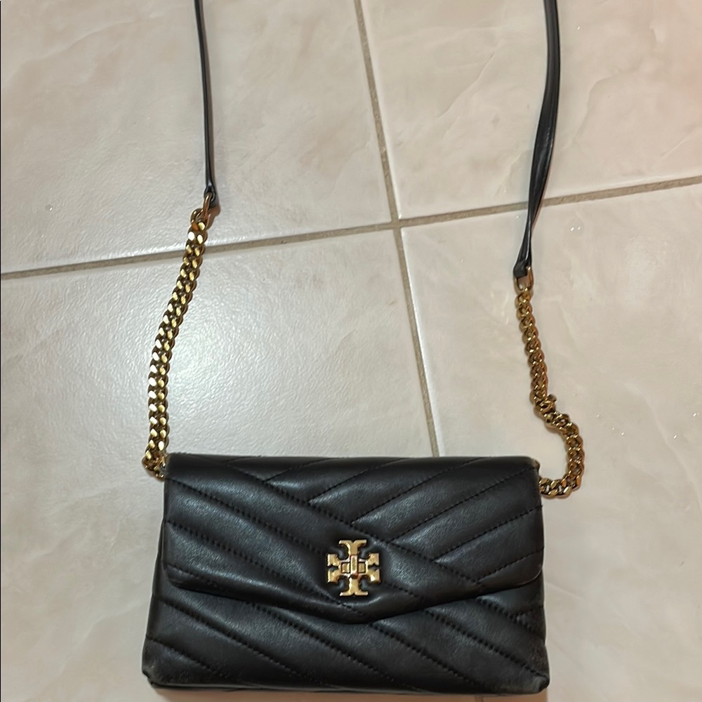 Tory Burch Black and Gold Chevron Crossbody (Kira)